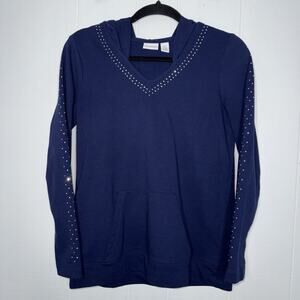 Chico’s Weekends Women’s Rhinestone Embellished Hoodie Navy Blue Size 0 Small